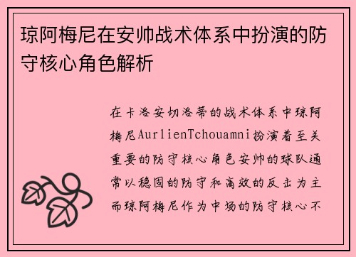 琼阿梅尼在安帅战术体系中扮演的防守核心角色解析